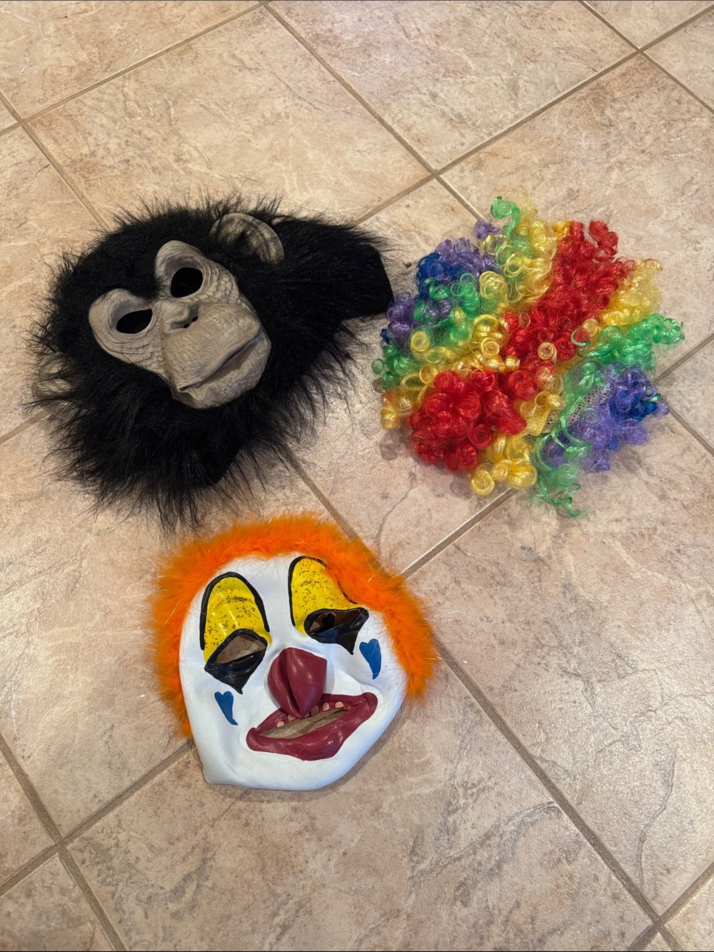Kids Black Monkey Mask, Clown Mask, and Rainbow Curly Wig Costume Set